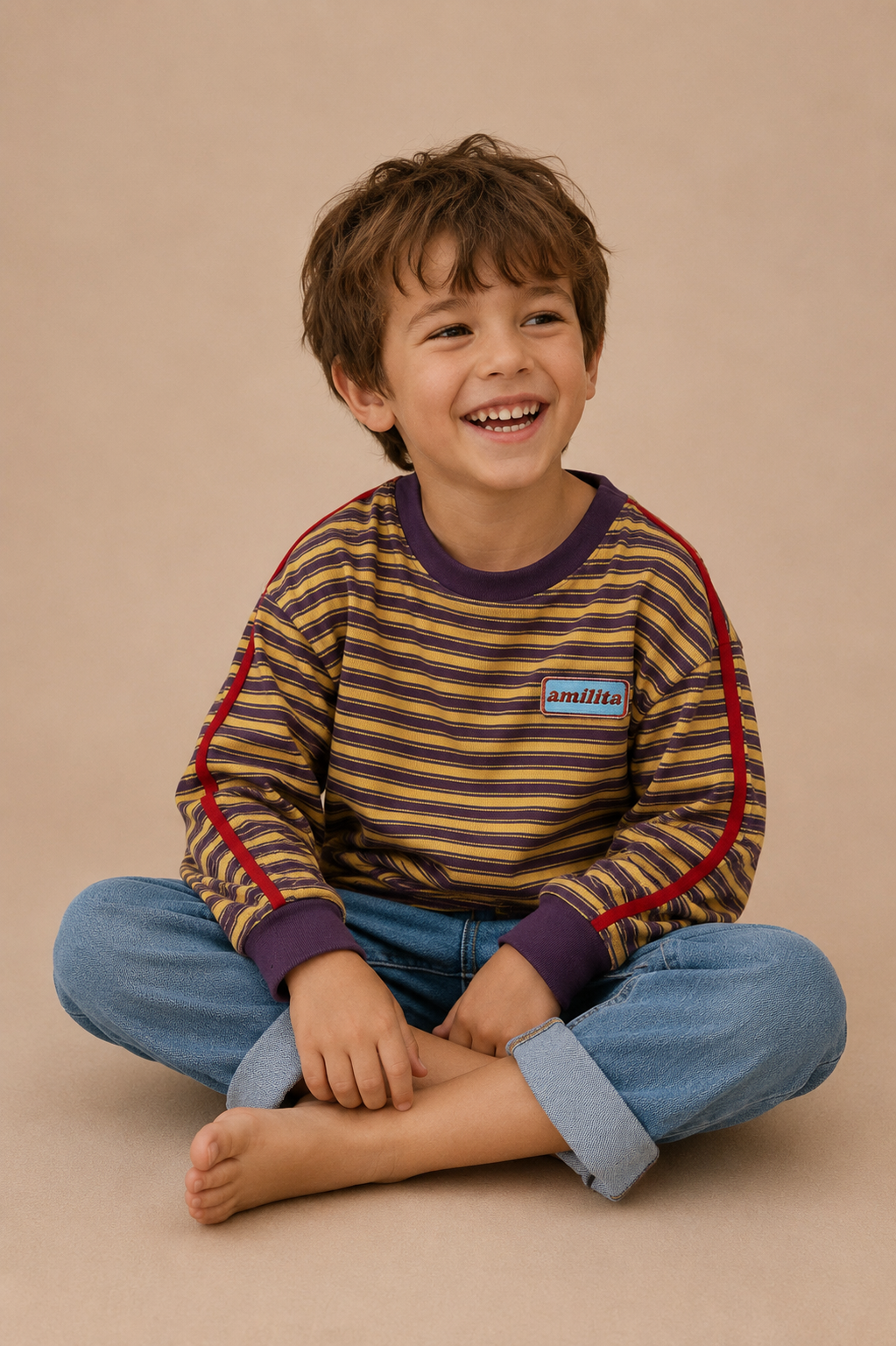Kids Stripe Long Sleeve top - Mustard/Plum