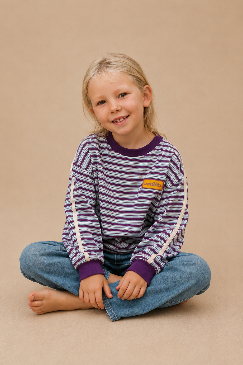 Kids Stripe Long Sleeve top - Plum/Sky