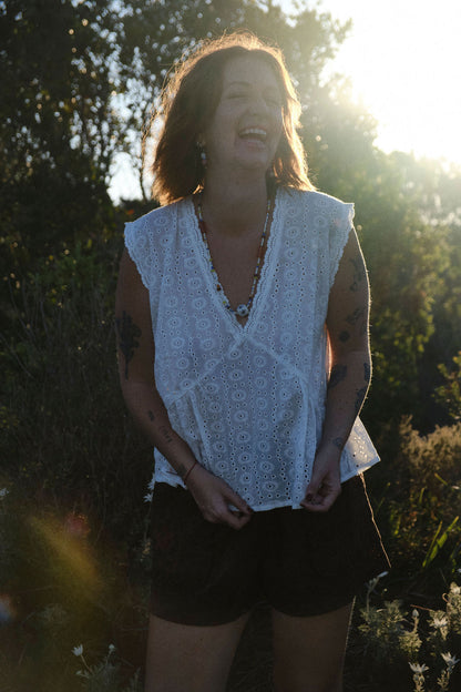 Pansy Peplum Top - White Broderie